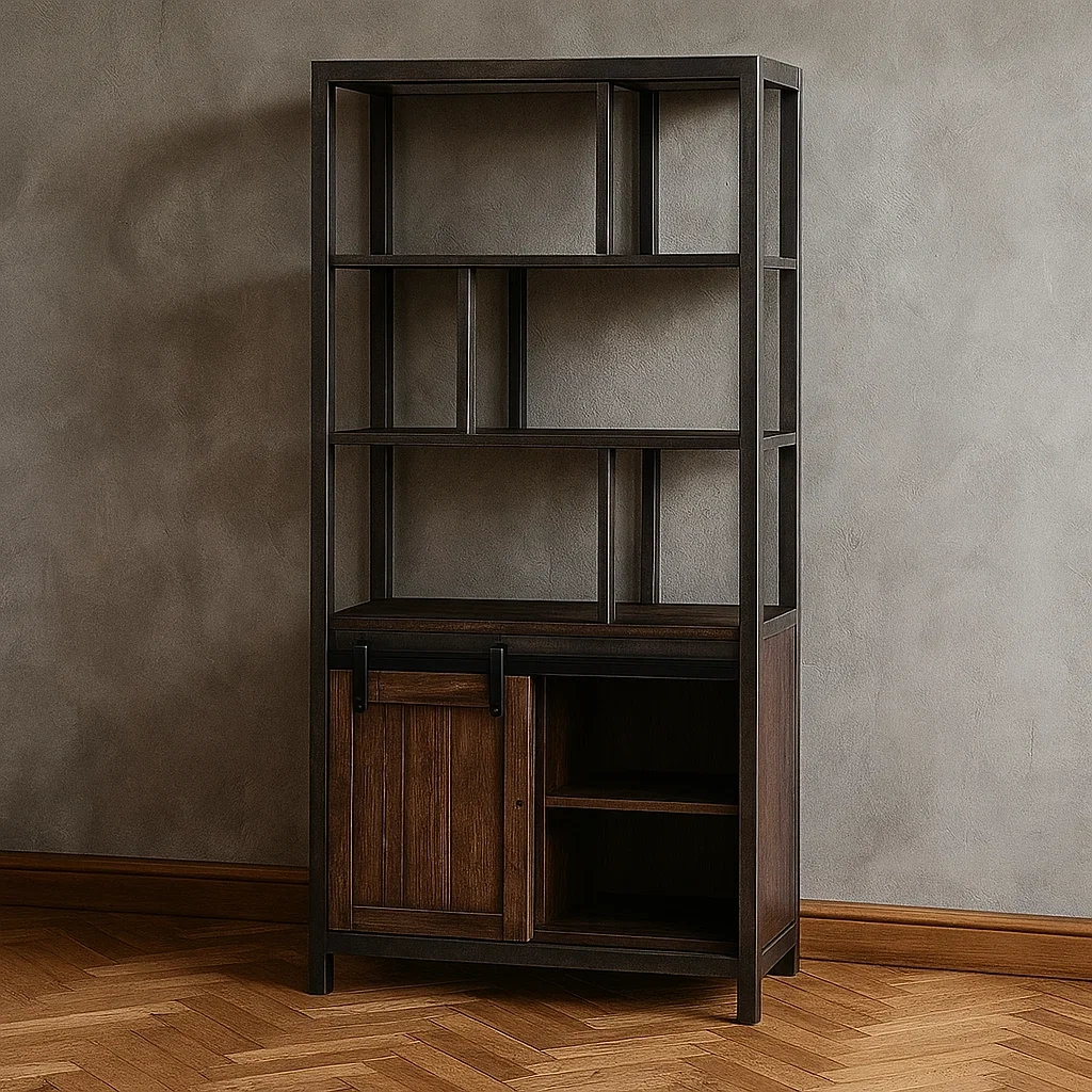 Bücherregal aus Holz, Metallrahmen, dunkles Holz, mit Schiebetür, einfache Montage, für Wohnzimmer oder Büro, 90 x 30 x 180 cm - vGRpKimE8KRd