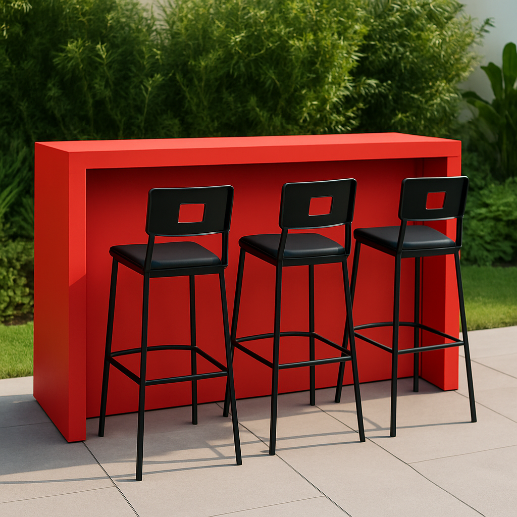 Gartenbar mit Hockern, rot-schwarz, Metall, für den Außenbereich, 180 × 60 × 110 cm