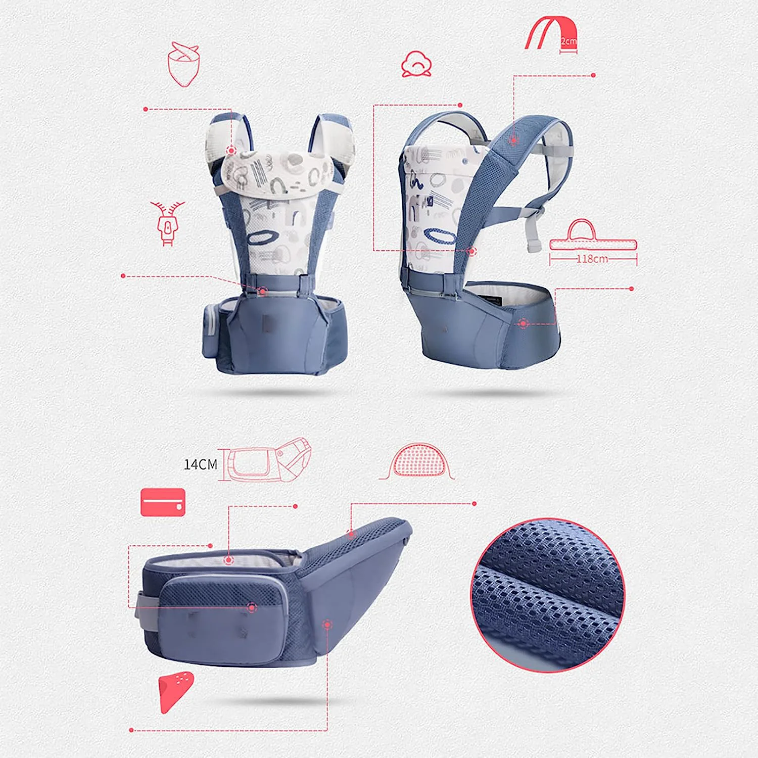 Babytrage für Neugeborene bis Kleinkinder, Baby-Hüfttrage mit Kopfhaube, Taillenverlängerung und 3 Beißpolstern (grau)