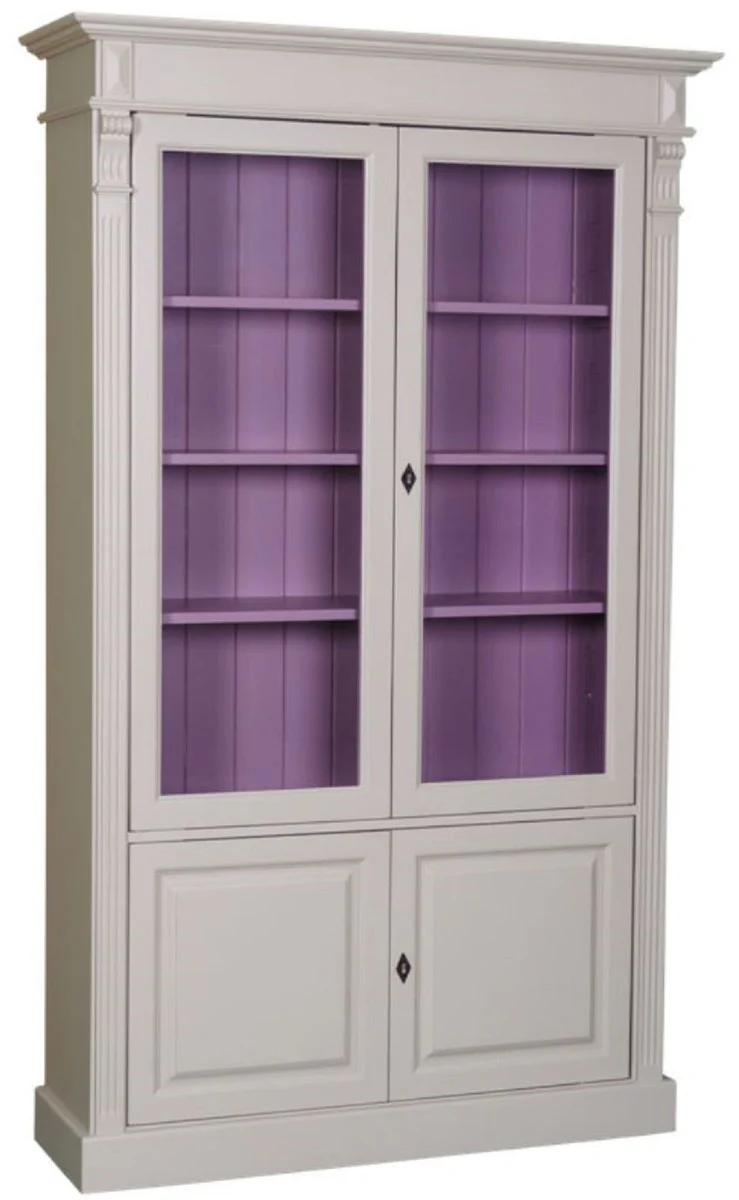 Country house style bookcase light gray / purple 119 x 39 x H. 197 cm - living room cabinet with 4 doors - solid wood cabinet - display cabinet - country house style living room furniture