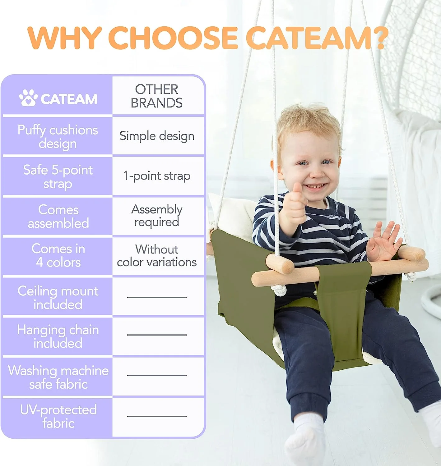 Babyschaukel aus Segeltuch, hängender Schaukelsitz aus Holz mit Sicherheitsgurt, langlebiger Baby-Hängemattenstuhl, Außen- und Innenschaukel für Kinder, Montagezubehör im Lieferumfang enthalten, Elfenbeinfarben