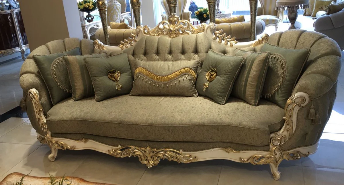 Luxury Baroque Living Room Sofa Green / White / Gold - Handmade Baroque Living Room Furniture - Noble & Magnificent
