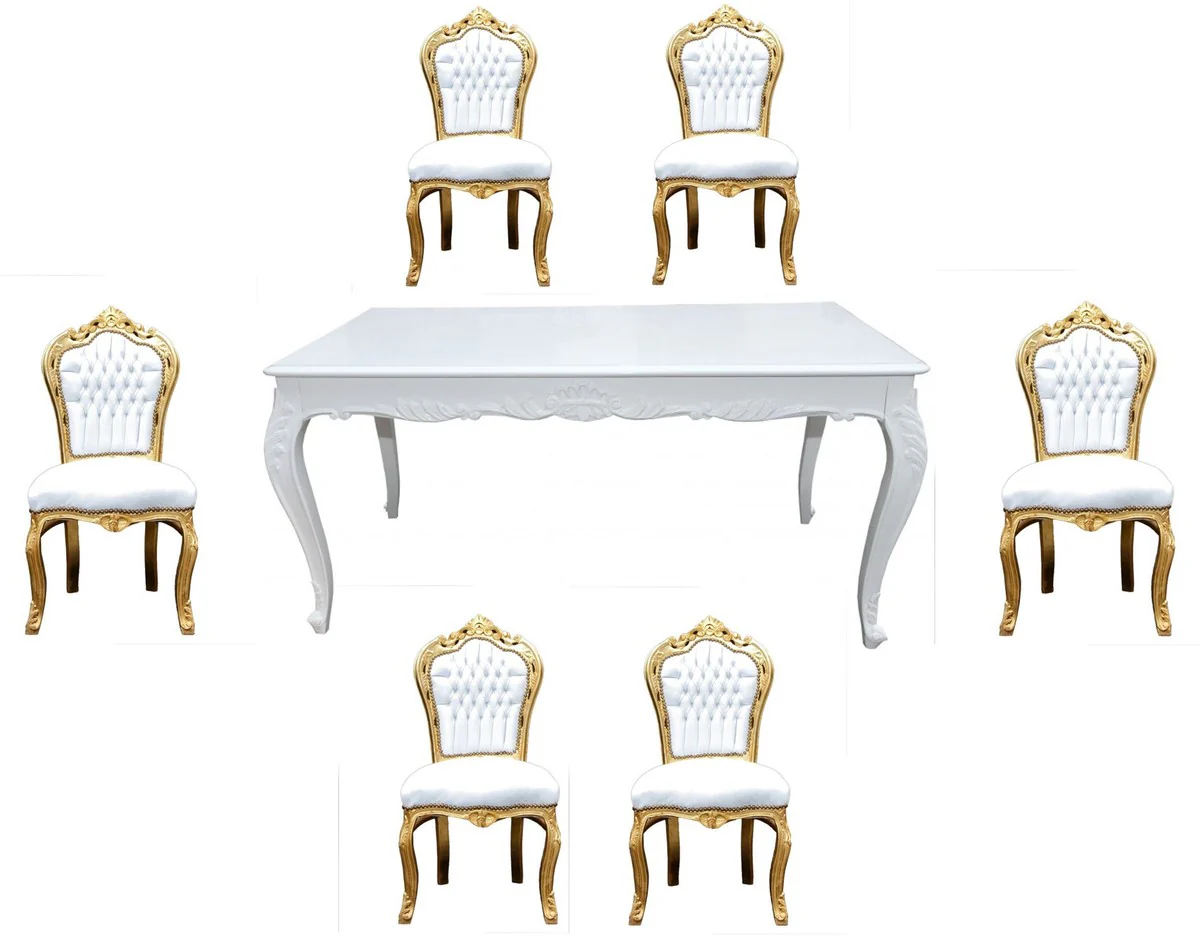 Baroque dining room set white/gold - dining table + 6 chairs without armrests