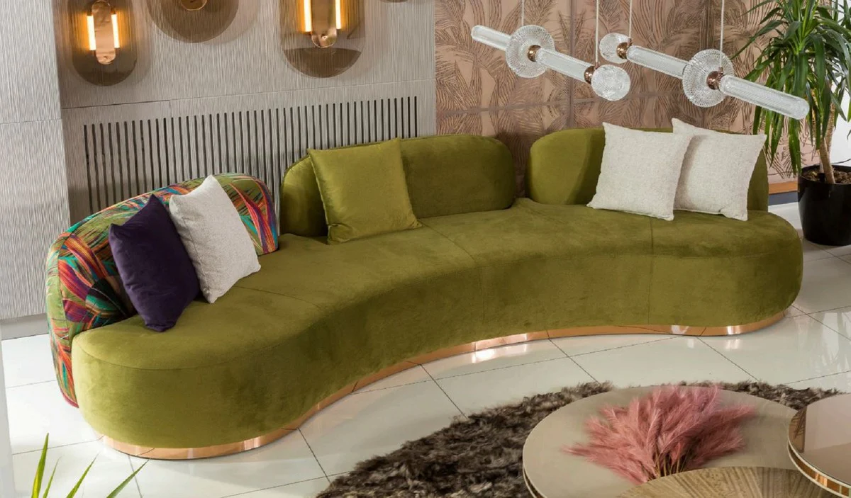 Luxury sofa green / multicolored / copper 330 x 110 x H. 70 cm - Curved living room sofa - Hotel sofa - Living room furniture - Hotel furniture - Luxury furniture - Luxury furnishings