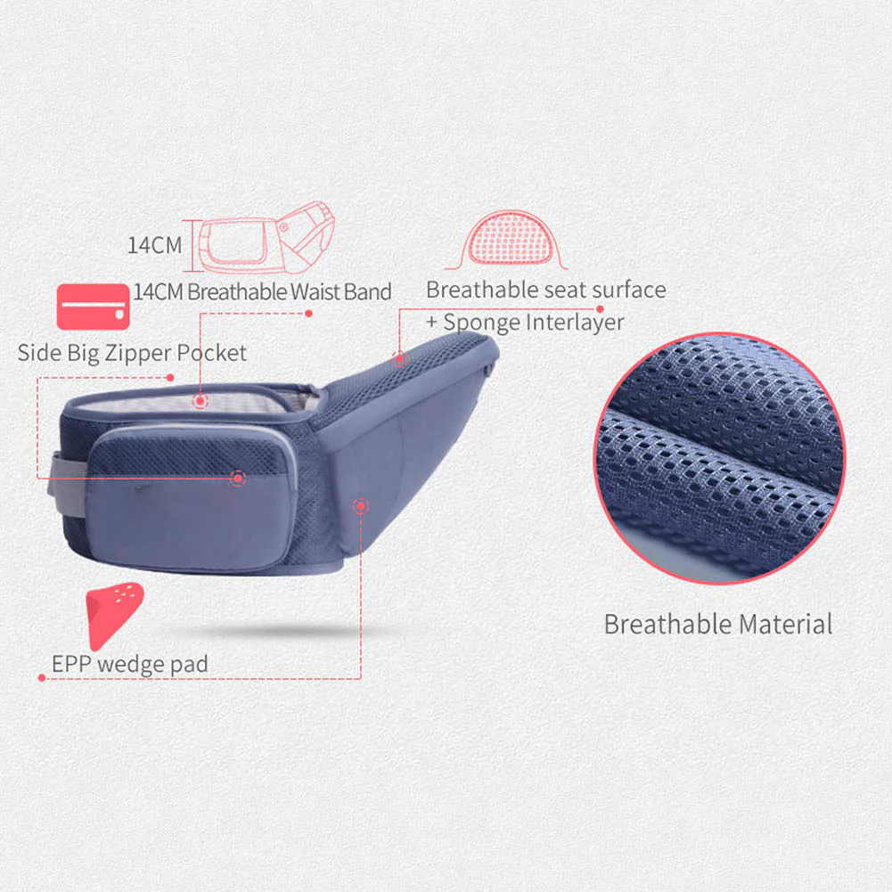 Babytrage für Neugeborene bis Kleinkinder, Baby-Hüfttrage mit Kopfhaube, Taillenverlängerung und 3 Beißpolstern (grau)