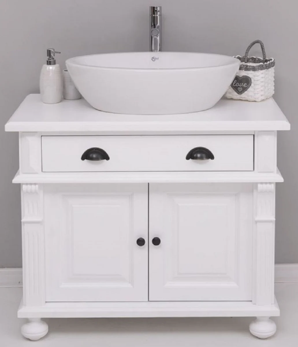 Country House Style Bathroom Set White - 1 Sink Cabinet & 1 Oval Ceramic Washbasin - Bathroom Furniture in Country House Style - Country House Style Furniture - Country House Style Bathroom Furnishings