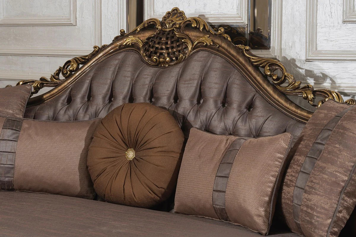 Luxury Baroque Living Room Sofa Gray / Brown / Gold - Handmade Baroque Style Sofa with Decorative Pillows - Luxury Living Room Furniture in Baroque Style - Baroque Furniture - Noble & Magnificent