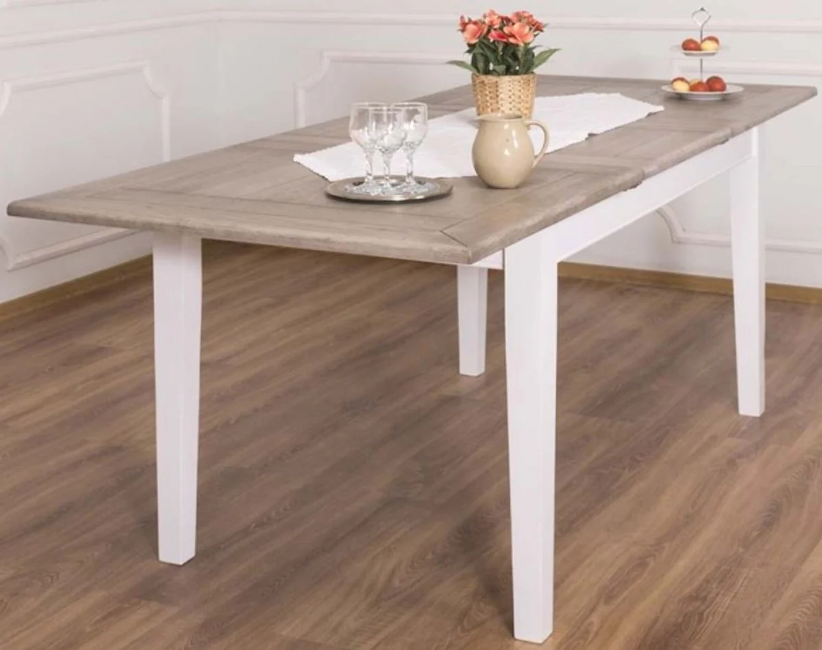 Country house style dining table brown / white 160-200 x 90 x H. 78 cm - solid wood kitchen table with extendable oak table top