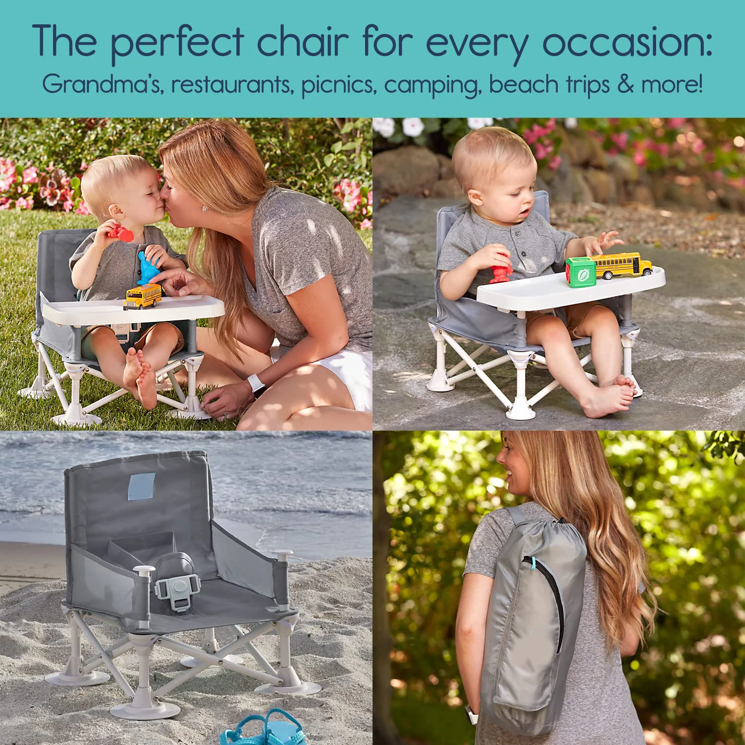 Reisesitzerhöhung mit Tablett für Baby | Zusammenklappbarer, tragbarer Babysitz für Esstisch, Camping, Strand, Omas | Kippfreie Designgurte für Küchenstühle – Sitzerhöhung