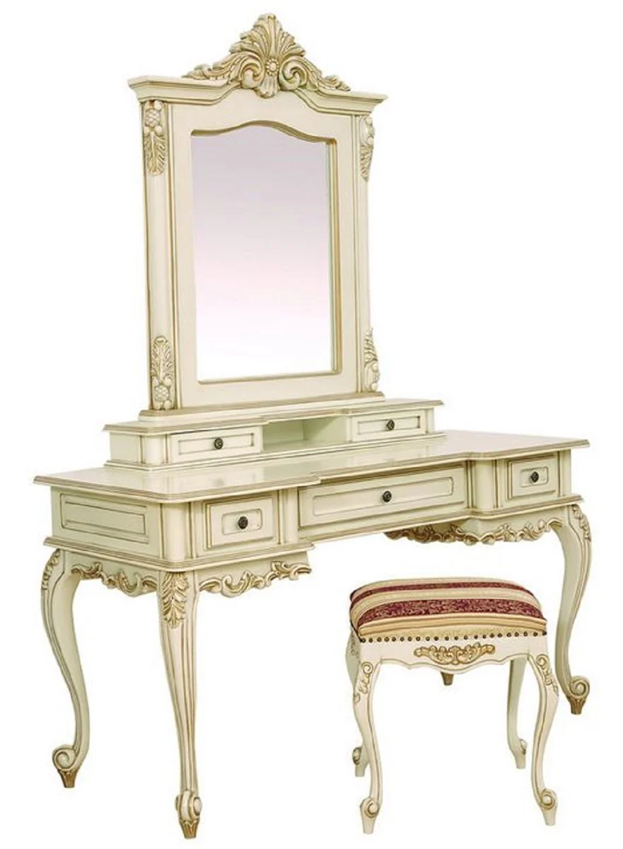 Luxus Barock Schminktisch mit Spiegel Creme / Beige - Prunkvolle Barockstil Schminkkommode mit Wandspiegel - Luxus Schlafzimmer Möbel im Barockstil - Barock Möbel