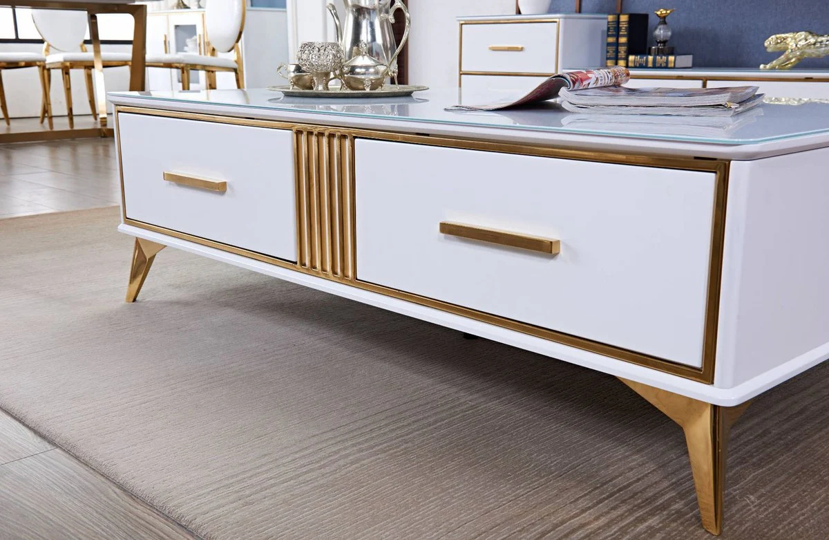 Luxury coffee table white / gold 130 x 70 x H. 41 cm - Modern living room table with 2 drawers - Modern living room furniture