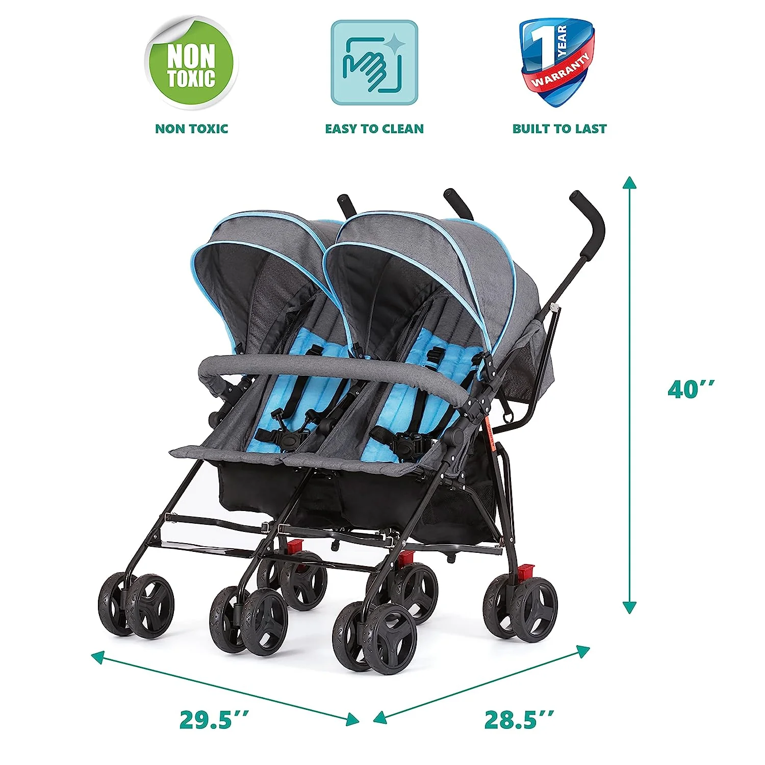 Zwillings-Regenschirm-Kinderwagen in Mint, leichter Doppel-Kinderwagen für Säuglinge und Kleinkinder, kompakt, einfach zusammenklappbar, großer Aufbewahrungskorb, großes und verstellbares Verdeck
