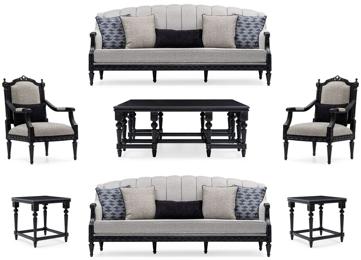Luxus Barock Wohnzimmer Set Silber / Schwarz - 2 Sofas & 2 Sessel & 1 Couchtisch & 2 Beistelltische - Handgefertigte Wohnzimmer Möbel im Barockstil - Edel & Prunkvoll