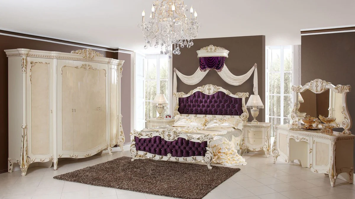 Luxury baroque double bed purple / white / gold - magnificent solid wood bed with glittering stones - bedroom furniture in baroque style - noble and magnificent