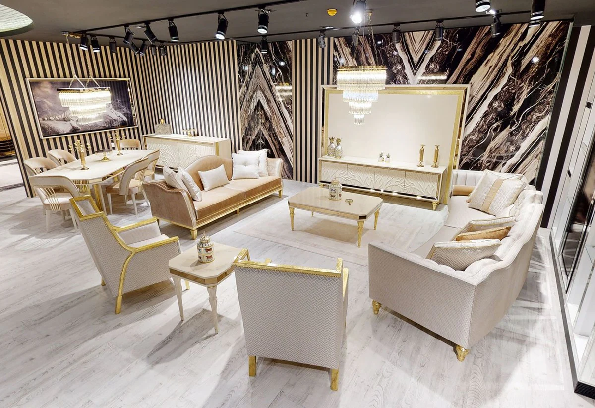 Luxury Baroque Sofa White / Gold - Curved Living Room Sofa - Hotel Sofa - Luxury Baroque Living Room & Hotel Furniture