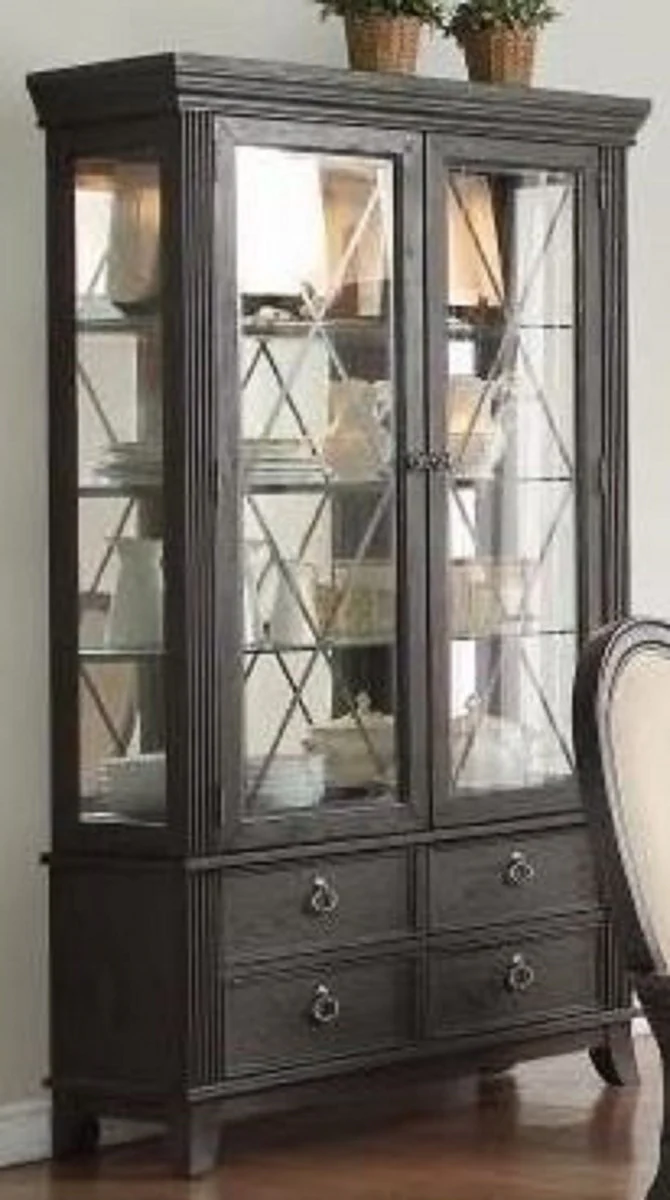 Luxury country house style display cabinet with LED lighting black 124 x 57 x H. 177 cm - illuminated solid wood display cabinet with 2 glass doors and 4 drawers - country house style furniture