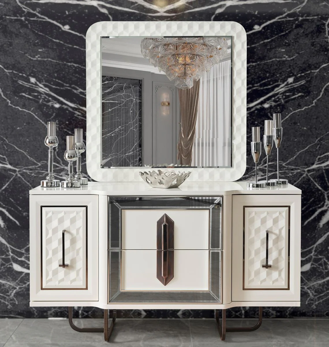 Luxury Art Deco Bedroom Set White / Bronze - 1 Luxury Art Deco Dressing Table & 1 Luxury Art Deco Mirror - Art Deco Bedroom Furniture - Luxury Bedroom Furniture
