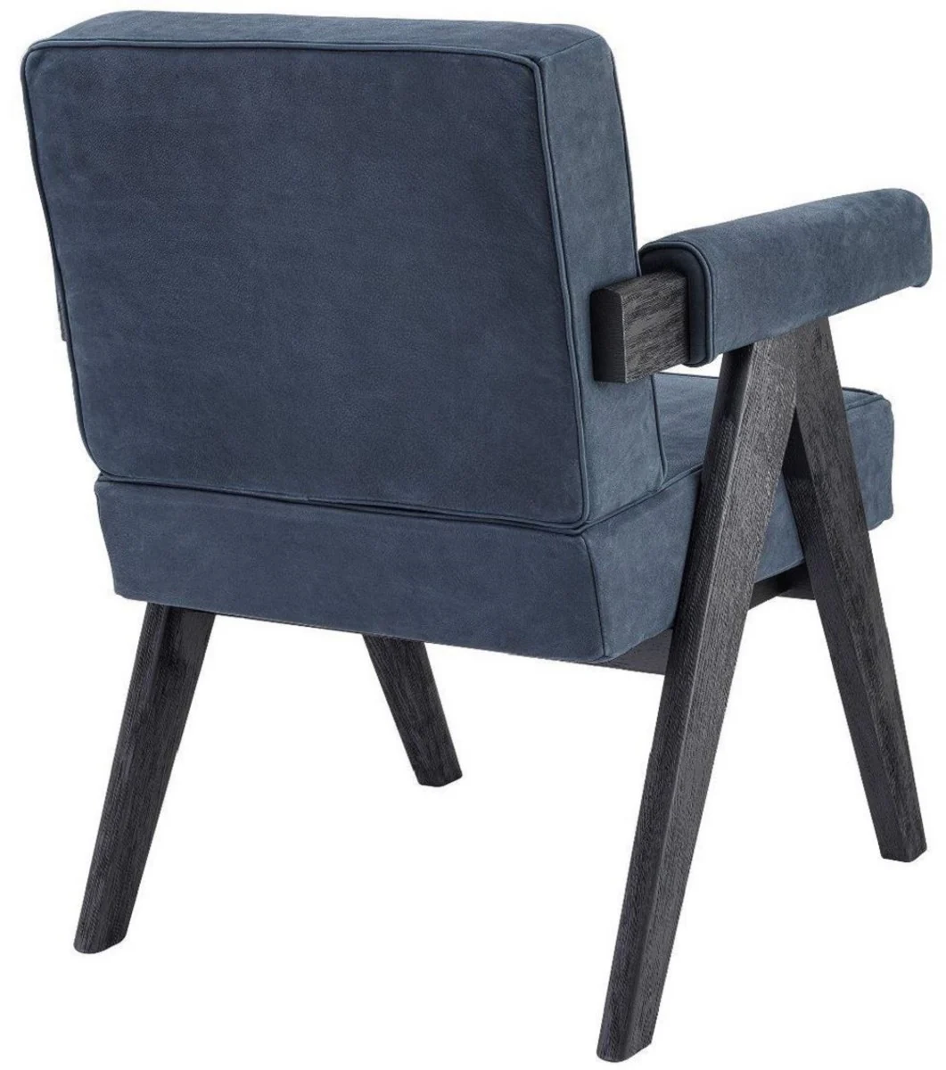 Luxury real leather dining room chair with armrests blue / black 64 x 70 x H. 87.5 cm - kitchen chair with elegant nubuck buffalo leather - luxury dining room furniture