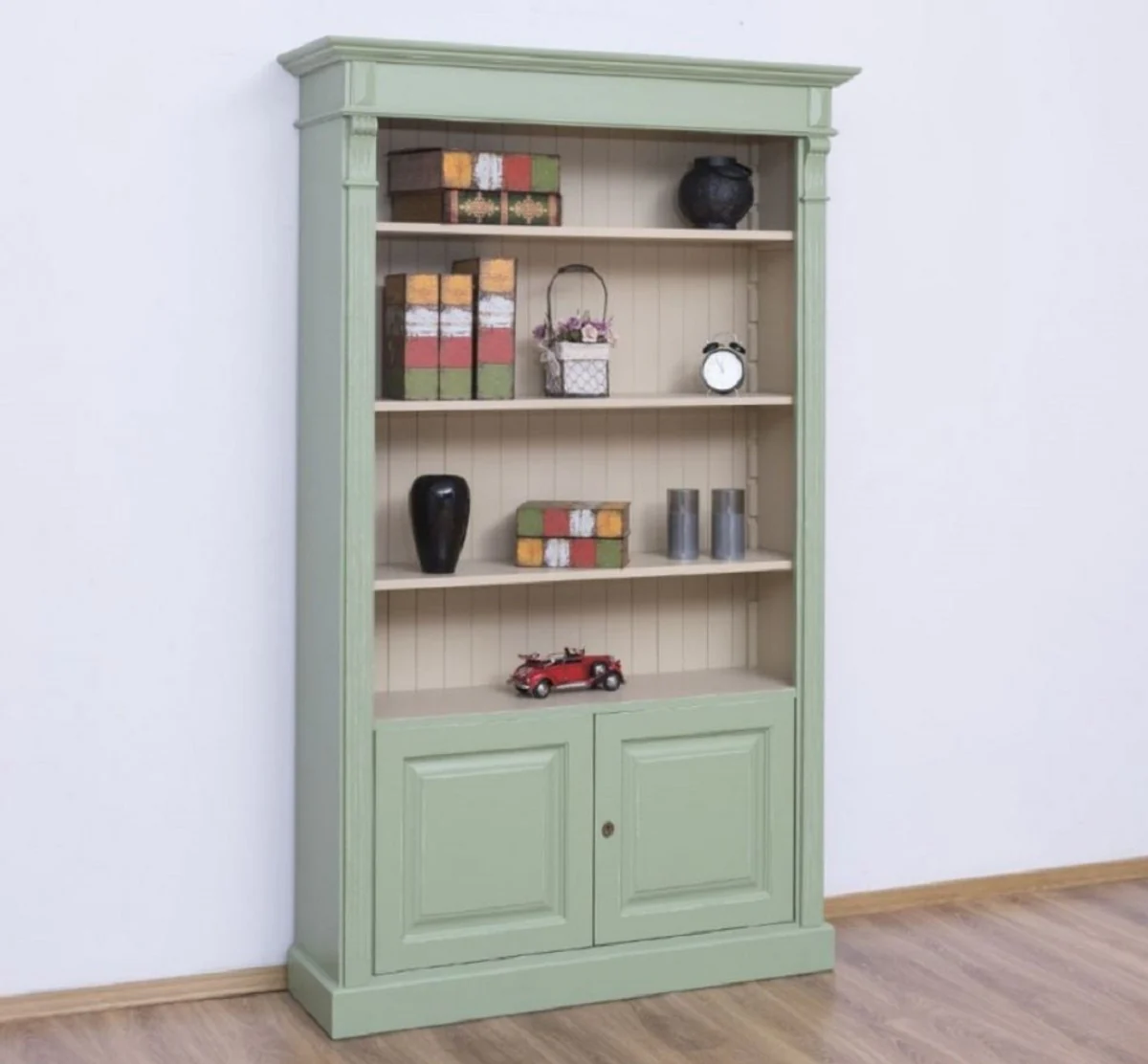 Country house style bookcase green / gray 120 x 39 x H. 197 cm - solid wood cupboard - living room cupboard - office cupboard - country house style furniture