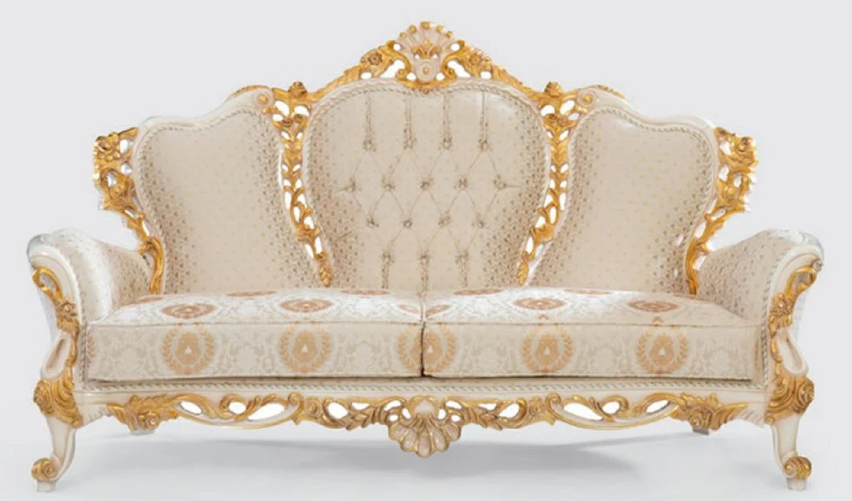 Luxury Baroque Sofa Cream / White / Gold 230 x 95 x H. 130 cm - Handmade Living Room Sofa with Elegant Pattern - Baroque Living Room Furniture - Noble & Magnificent