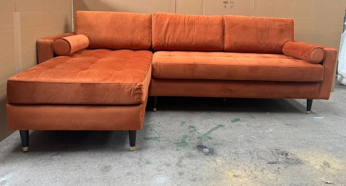 Luxus Ecksofa Orange / Schwarz / Messing 265 cm - Wohnzimmer Möbel