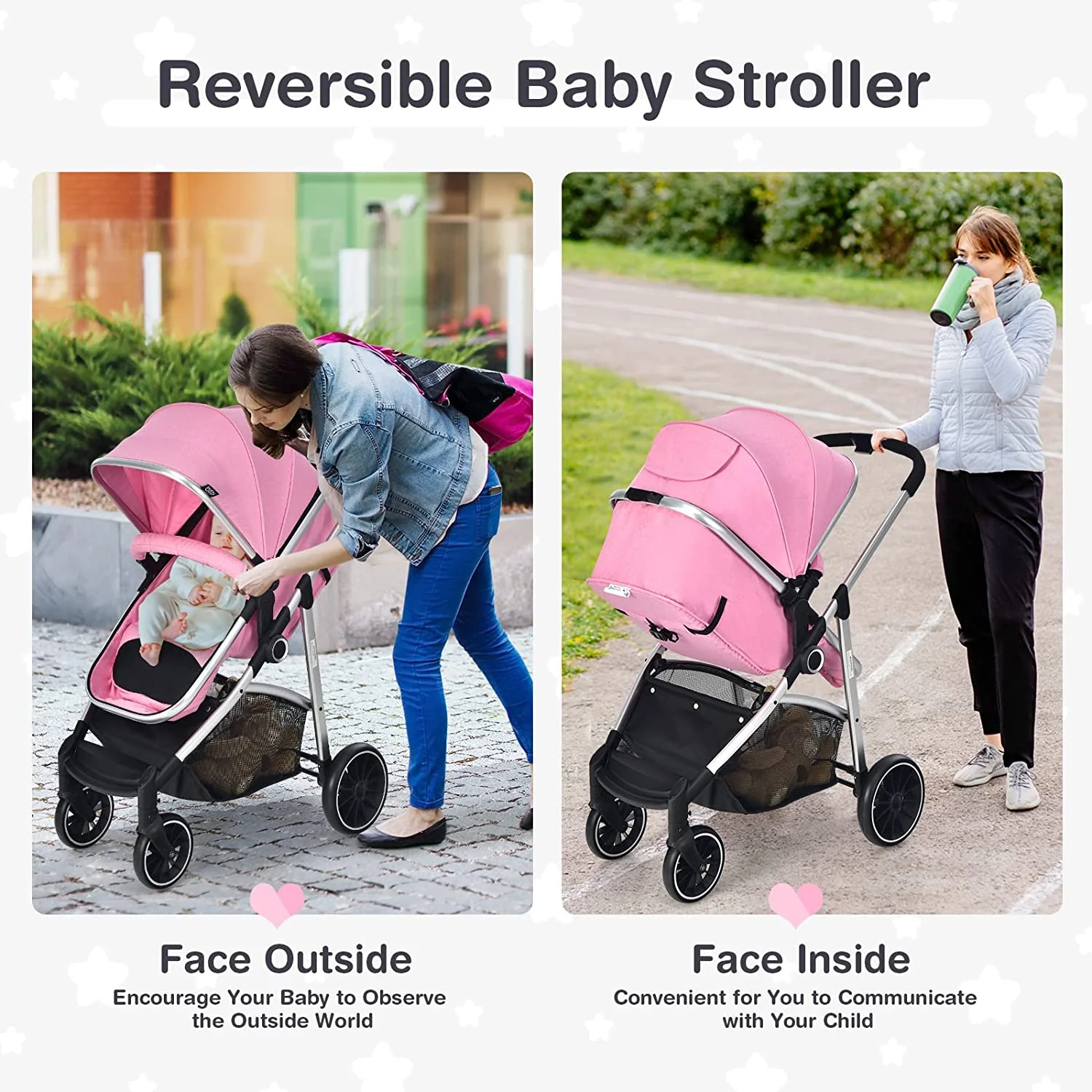 Umwandelbarer Kinderwagen, Hochformat-Kinderwagen mit umkehrbarem Sitz, abnehmbarem Fußsack, verstellbarer Rückenlehne und Verdeck, faltbarer Kinderwagen für Babys von 0–36 Monaten, Rosa