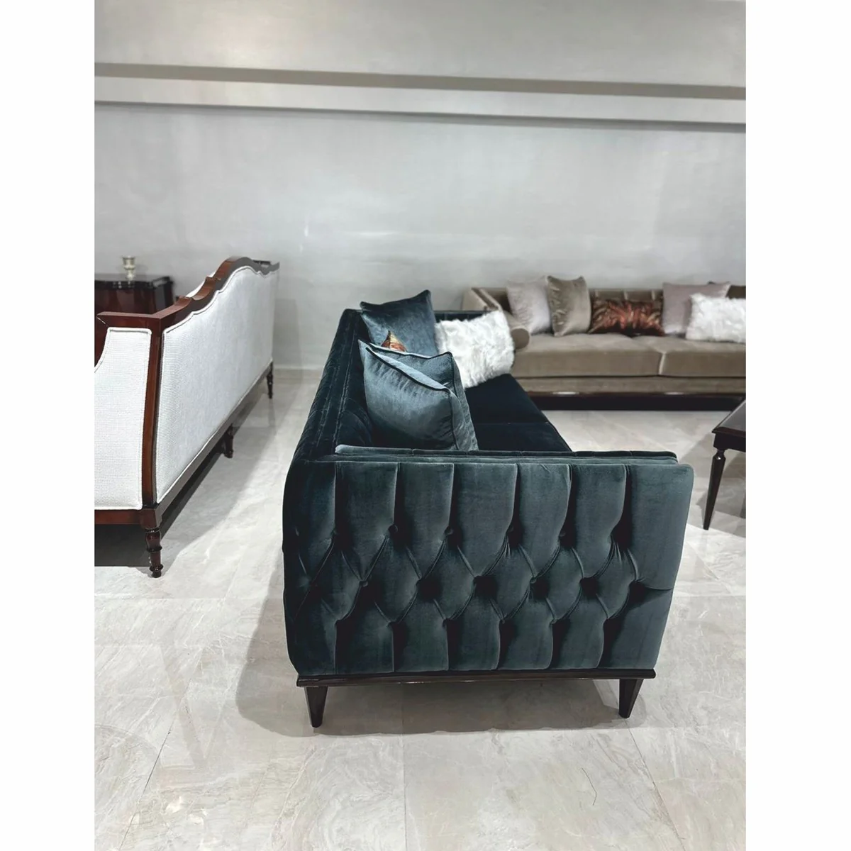 Luxury Art Deco Velvet Sofa Dark Green / Dark Brown 235 cm - Living Room Furniture