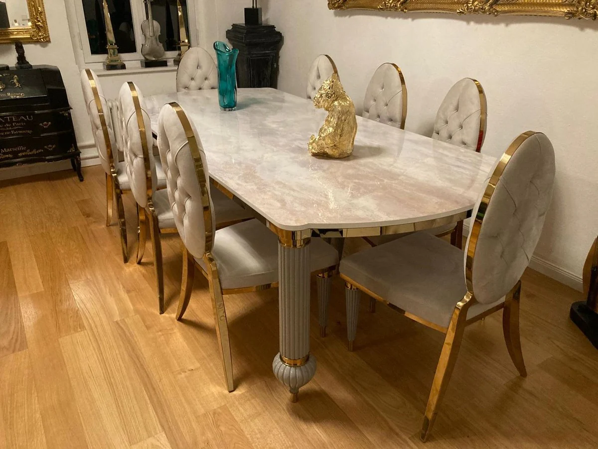 Luxury Art Deco dining room set white / gray / gold - 1 Art Deco dining table with artificial marble table top & 8 Art Deco dining room chairs - Magnificent Art Deco dining room furniture - luxury quality