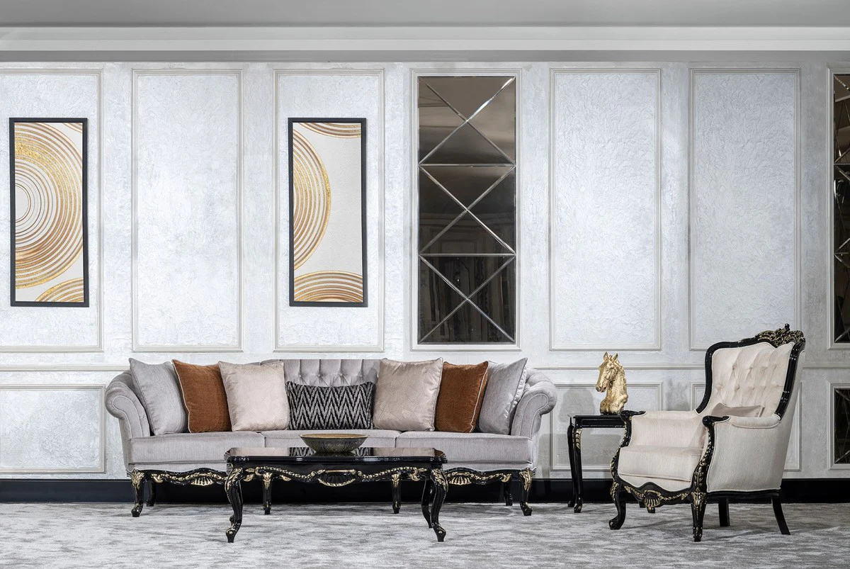 Luxury Baroque Living Room Sofa Gray / Black / Gold - Handmade Baroque Style Sofa with Decorative Pillows - Luxury Living Room Furniture in Baroque Style - Baroque Furniture - Noble & Magnificent