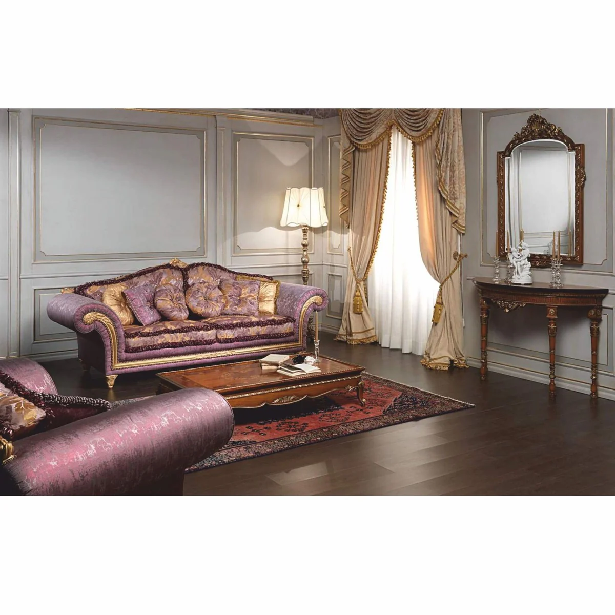 Luxus Barock Hotel & Wohnzimmer Sofa Lila / Gold 260 cm - Made in Italy