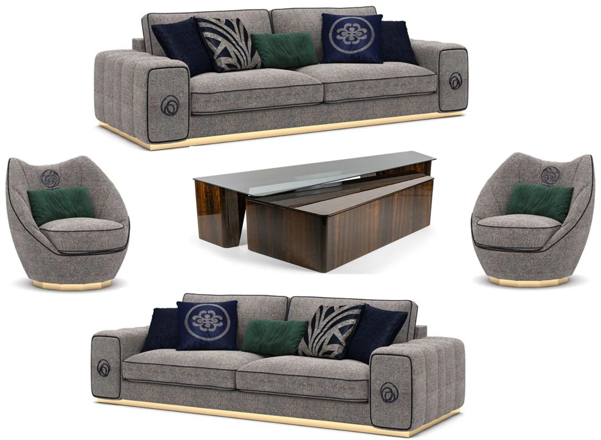 Luxus Wohnzimmer Set Grau / Braun - 2 Sofas & 2 Sessel & 1 Couchtisch Set - Edle Wohnzimmermöbel - Luxus Möbel