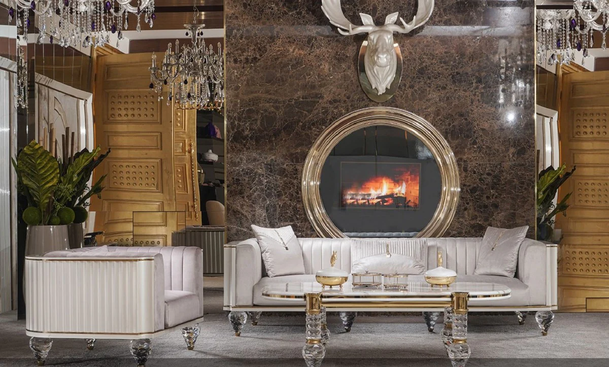 Luxus Art Deco 4er Sofa Grau / Gold