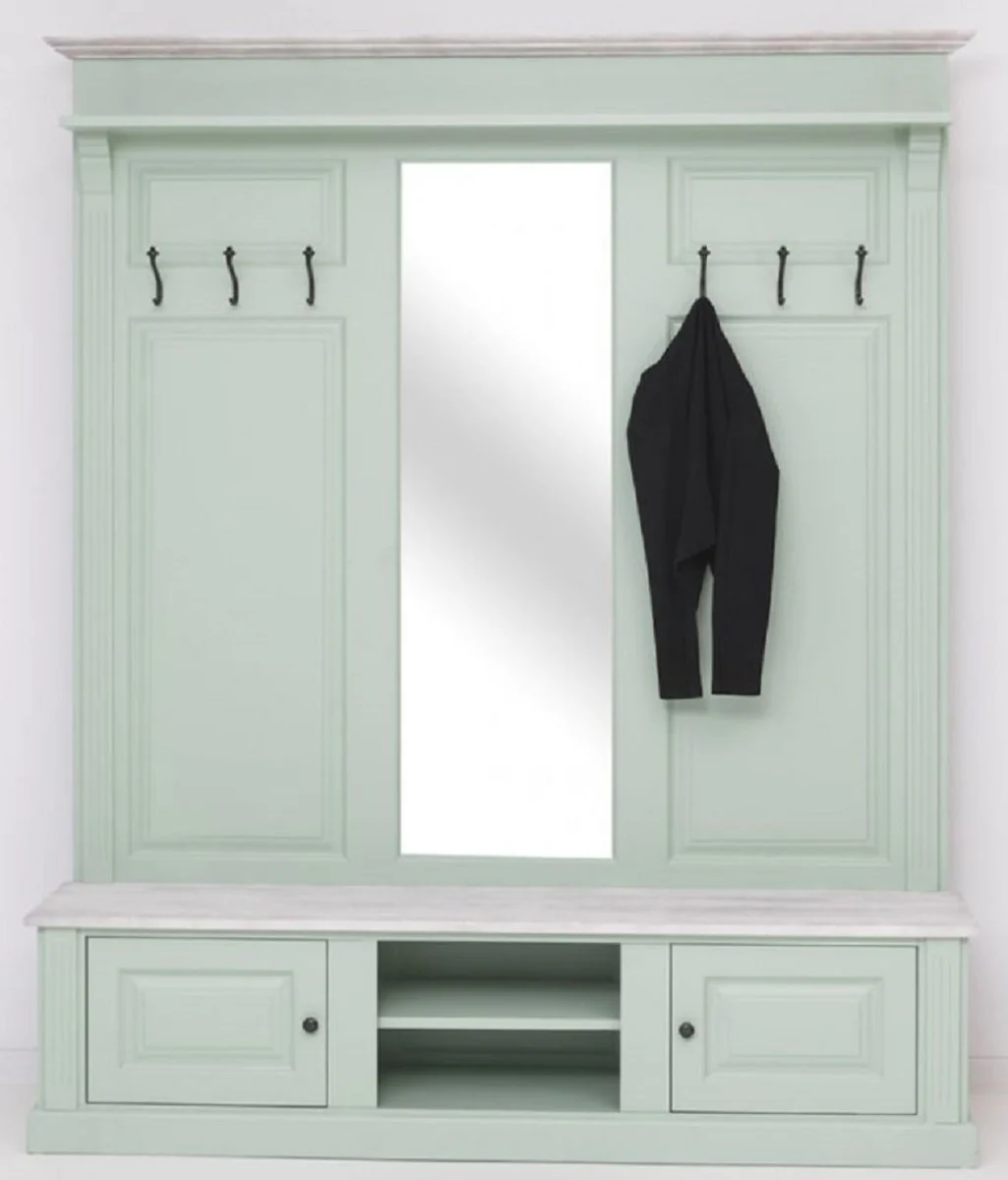 Country house style wardrobe mint green / gray 180 x 41 x H. 210 cm - solid wood wardrobe with mirror - solid wood wardrobe furniture - country house style wardrobe furniture
