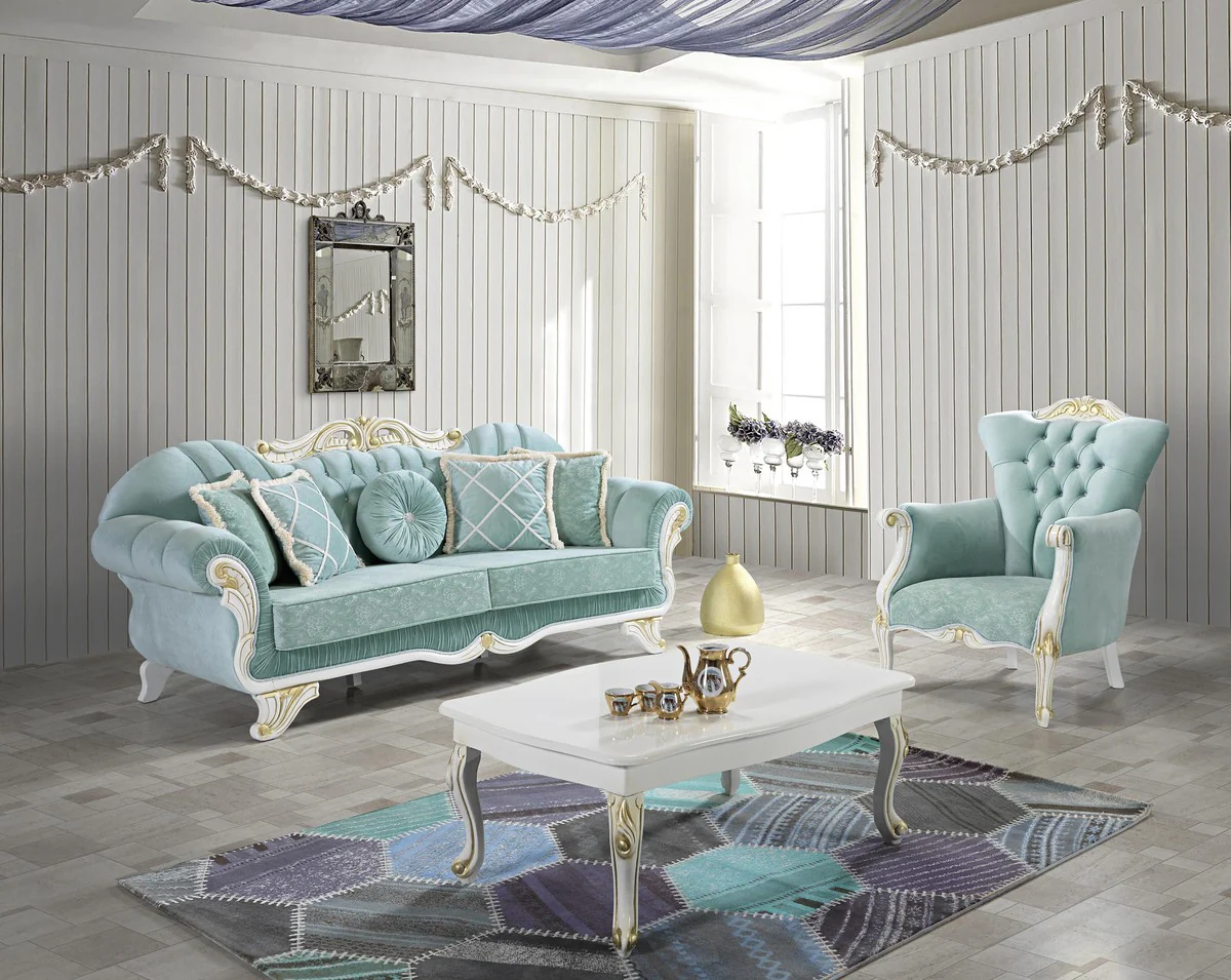 Baroque living room sofa with glittering stones light green / white / gold 235 x 87 x H. 102 cm - Noble living room furniture in the baroque style