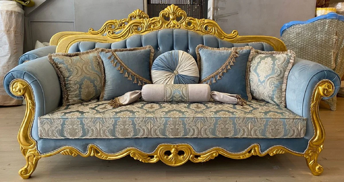 Luxury baroque sofa light blue / beige / gold - magnificent living room sofa with elegant pattern and glittering stones - living room furniture - baroque furniture - noble & magnificent