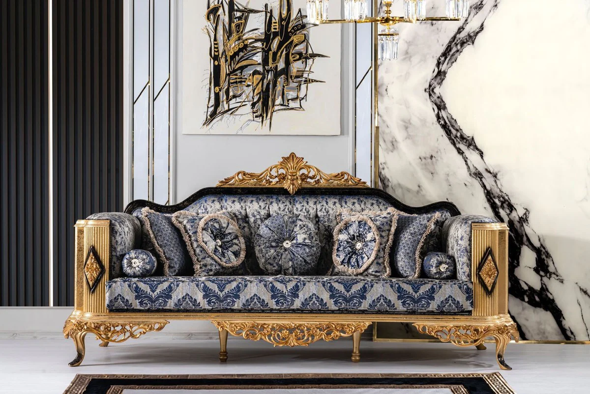 Luxury Baroque Sofa Blue / Black / Gold - Magnificent Living Room Sofa - Baroque Style Living Room Furniture - Luxury Furniture in Baroque Style - Baroque Living Room Furnishings