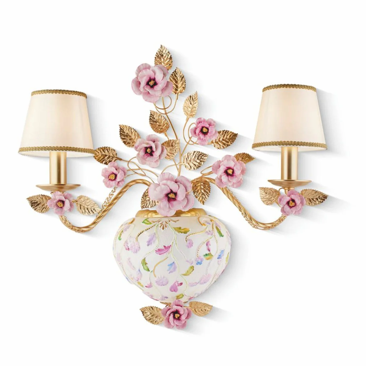 Luxury porcelain double wall lamp colorful / gold / beige H. 55 cm - Made in Italy
