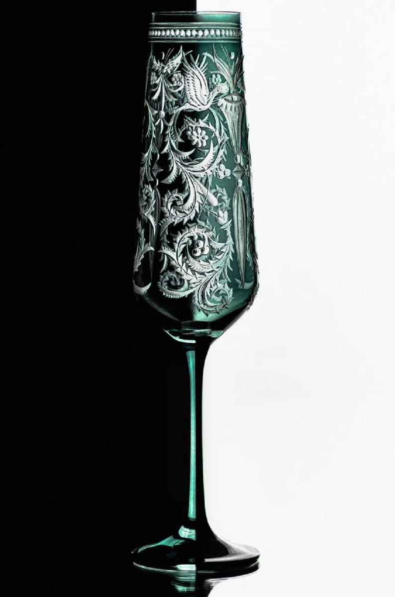 Luxury champagne glasses set of 6 green / silver Ø 6.5 x H. 26.5 cm - handmade and hand-engraved champagne glasses - hotel & restaurant accessories - luxury quality