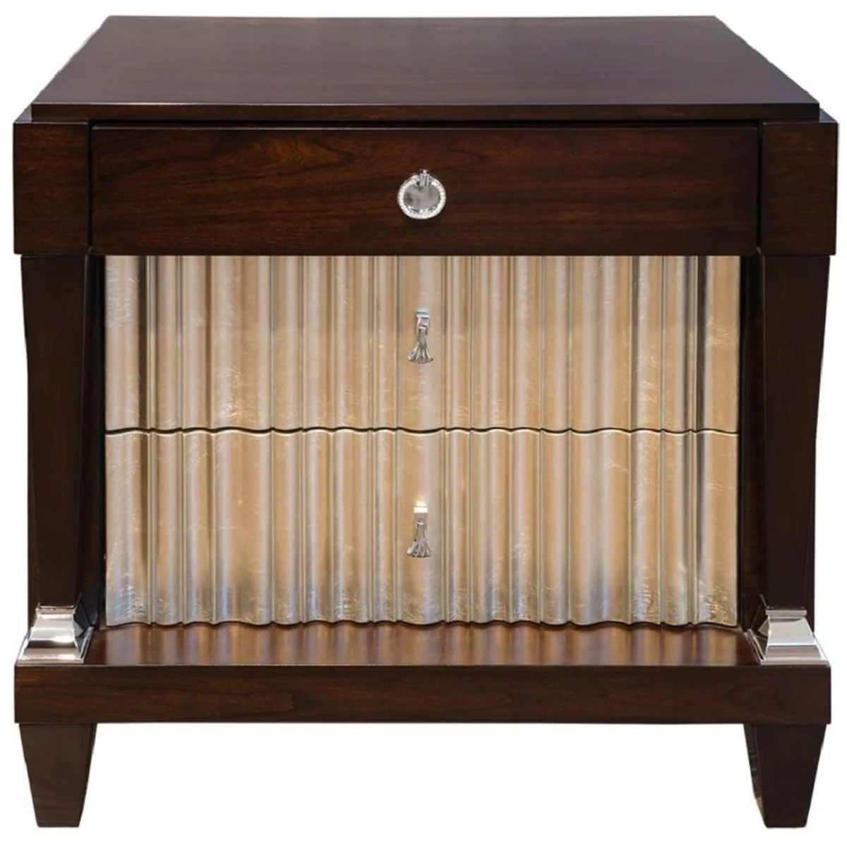 Neoclassical luxury nightstand dark brown / silver 66.5 x 46.5 x H. 70 cm - Elegant solid wood bedside table with 3 drawers - Bedroom furniture in neoclassical style