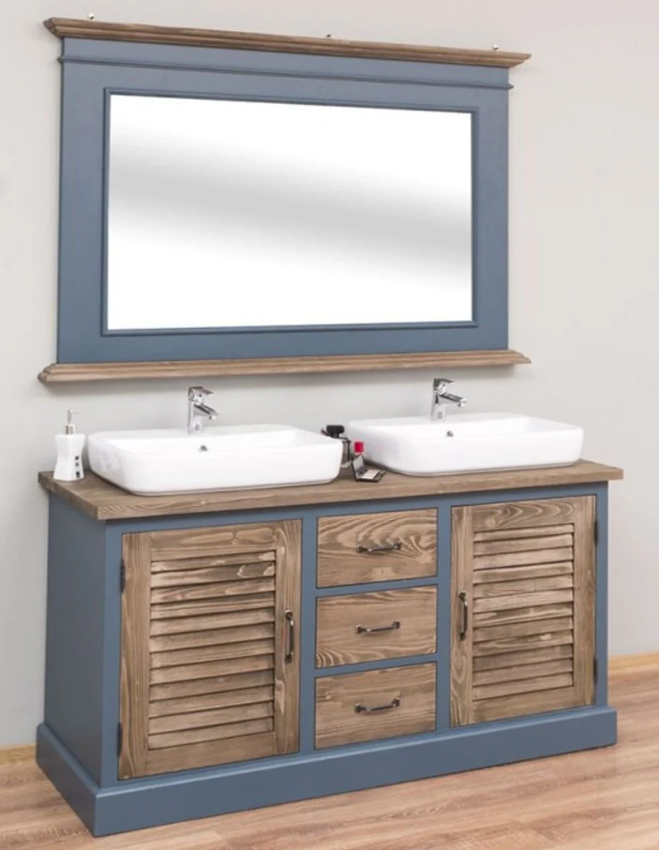 Country house style bathroom set blue / brown - 1 double washbasin & 1 wall mirror - country house style bathroom furniture
