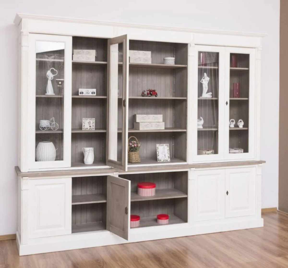 Country house style bookcase white / brown gray 286 x 51 x H. 228 cm - solid wood cupboard - living room cupboard - office cupboard - country house style furniture
