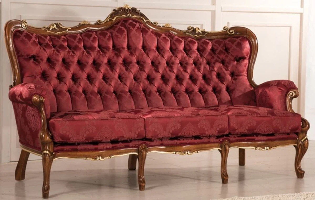 Luxury baroque living room sofa with elegant pattern burgundy red / brown / gold 200 x 90 x H. 115 cm - baroque style living room furniture - noble & magnificent