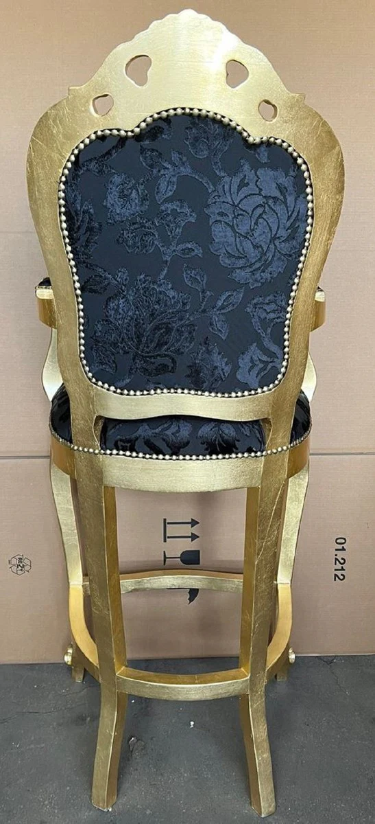 Luxury Baroque Bar Chair with Armrests Black Pattern / Gold - Baroque Style Bar Stool - Luxury Bar Furniture in Baroque Style - Luxury Quality - Made in Italy