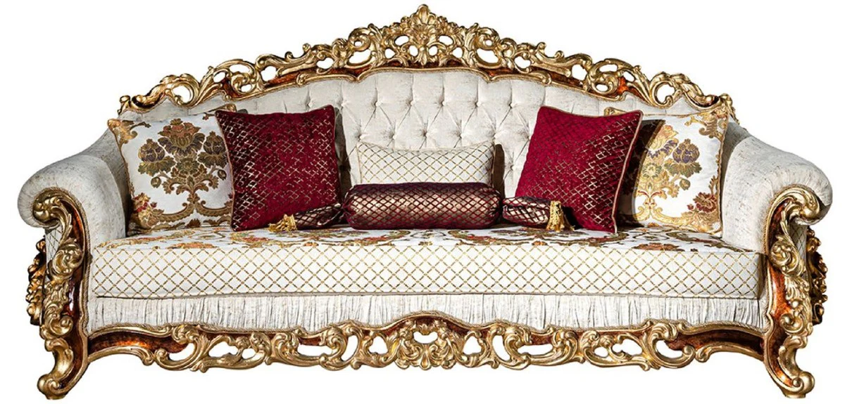 Luxus Barock Wohnzimmer Set Weiß / Gold / Braun - 2 Sofas & 2 Sessel & 1 Couchtisch - Wohnzimmer Möbel im Barockstil - Edel & Prunkvoll