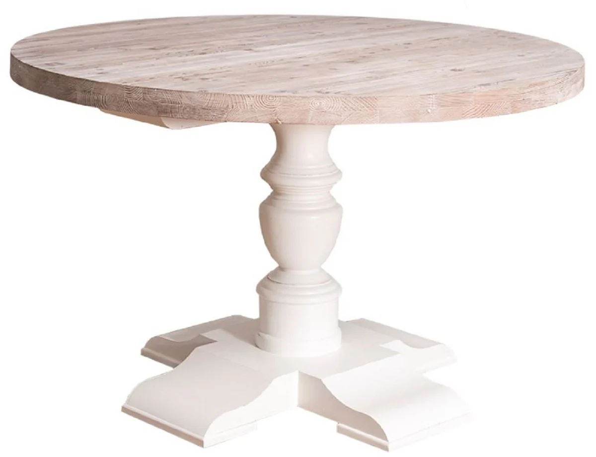Country house style dining table white / natural color Ø 130 x H. 78 cm - round solid wood kitchen table