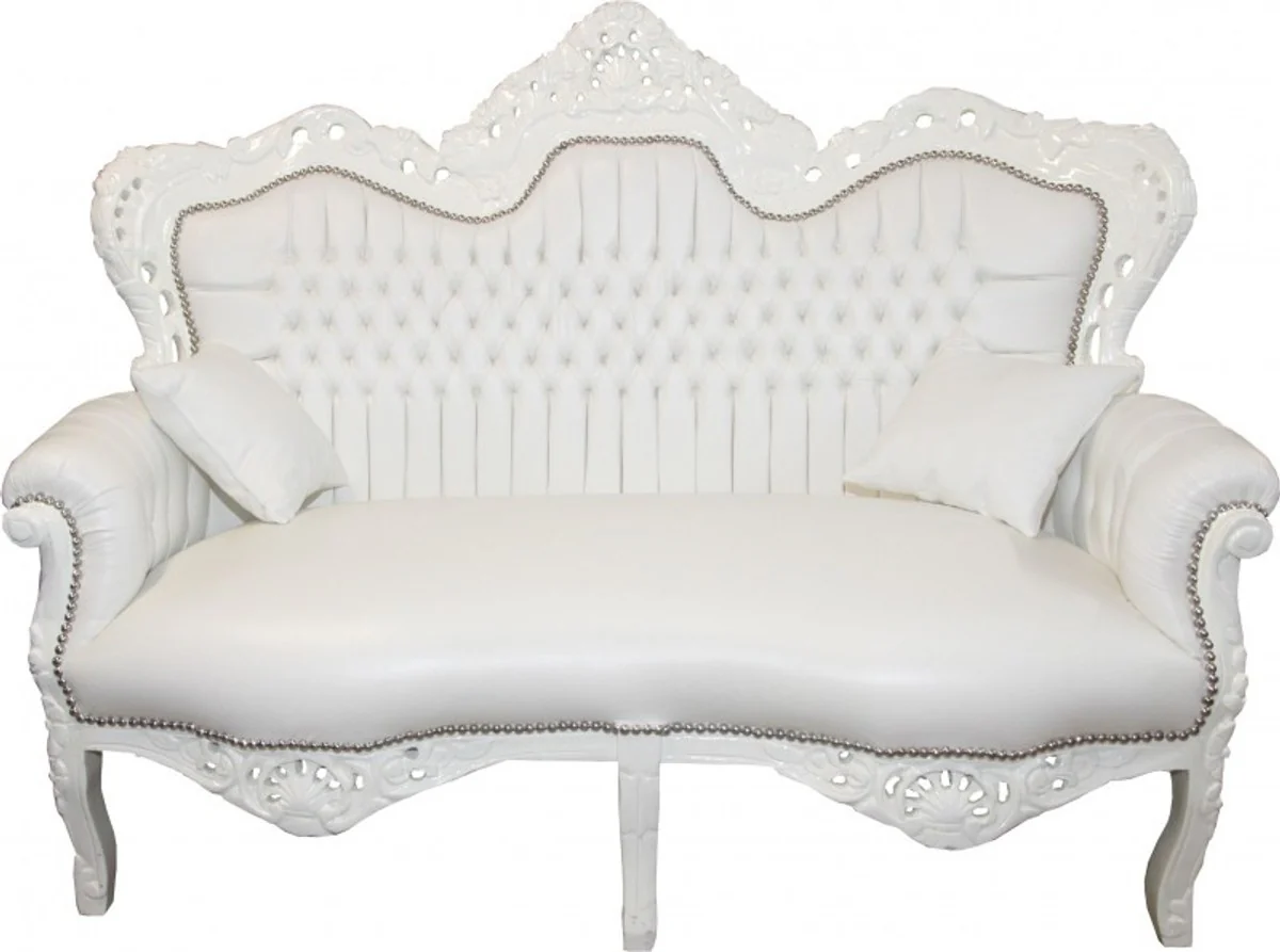 Baroque 2 Seater Sofa Master White Leather Look - Living Room Couch Furniture Lounge