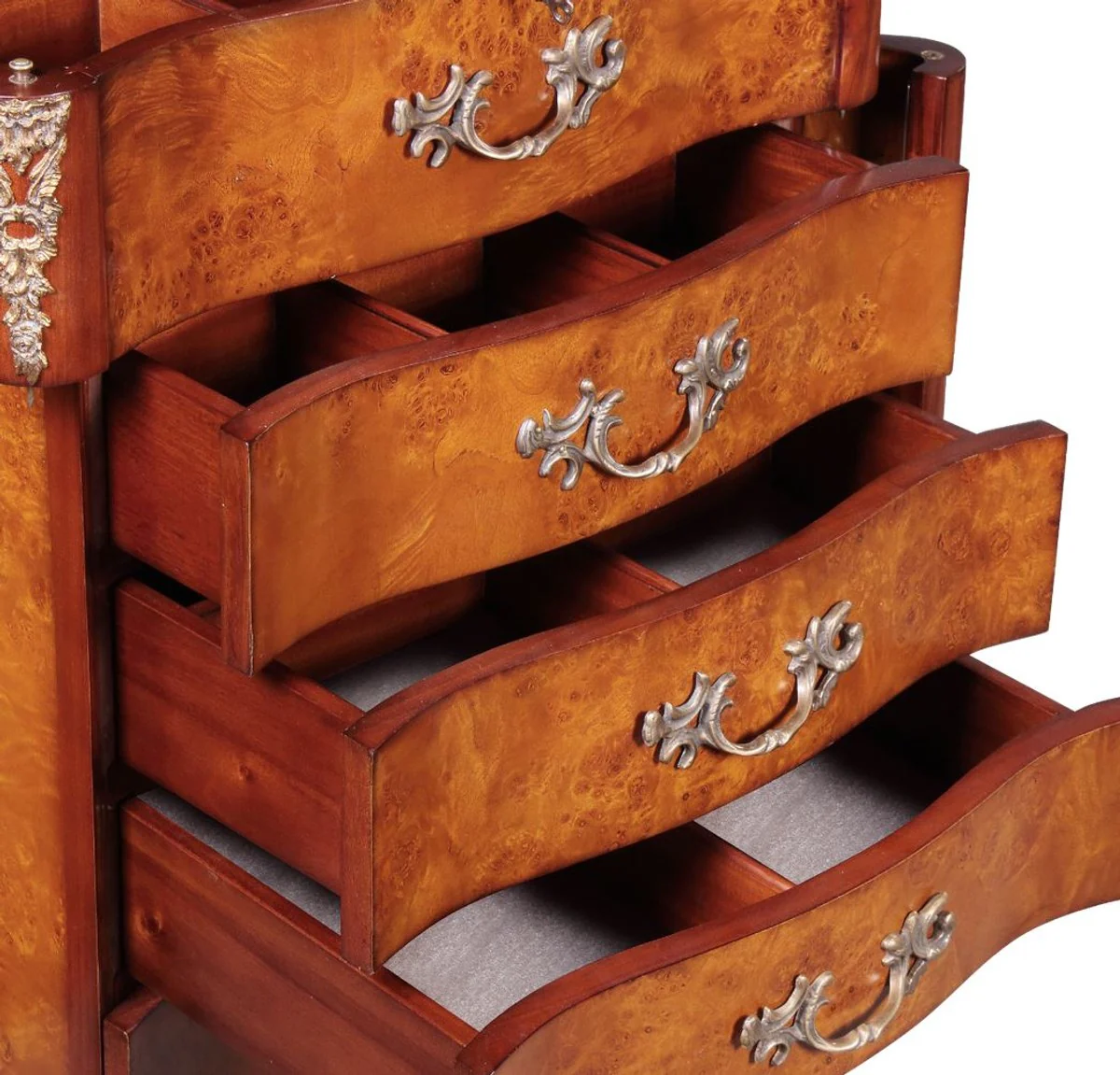 Luxury baroque jewelry chest of drawers light brown / brown / silver 56 x 36 x H. 128 cm - Noble solid wood chest of drawers with mirror - Baroque style jewelry cabinet - Baroque furniture