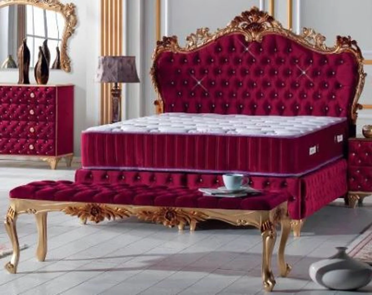 Baroque double bed Bordeaux red / gold - magnificent velvet bed with rhinestones and mattress - complete set