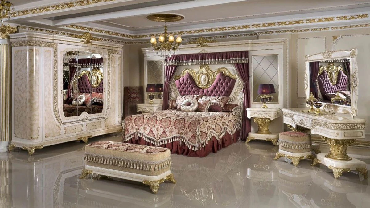 Luxury Baroque Nightstand White / Beige / Gold - Handmade Baroque Bedside Table with Drawer - Baroque Bedroom Furniture