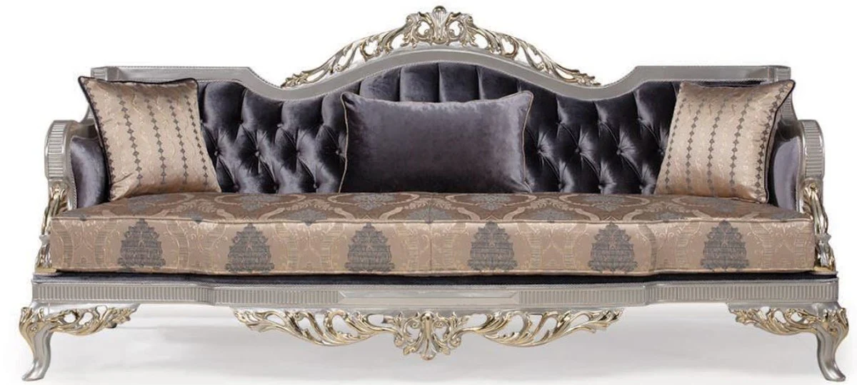 Luxury Baroque living room sofa with cushions purple / beige / silver / gold 228 x 93 x H. 108 cm - Baroque furniture